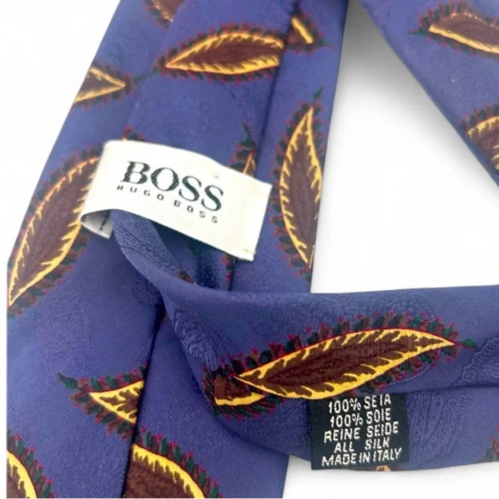 Hugo Boss Silk Tie Blue Purple Leaf Pattern Wide Classic Italy Designer Luxury